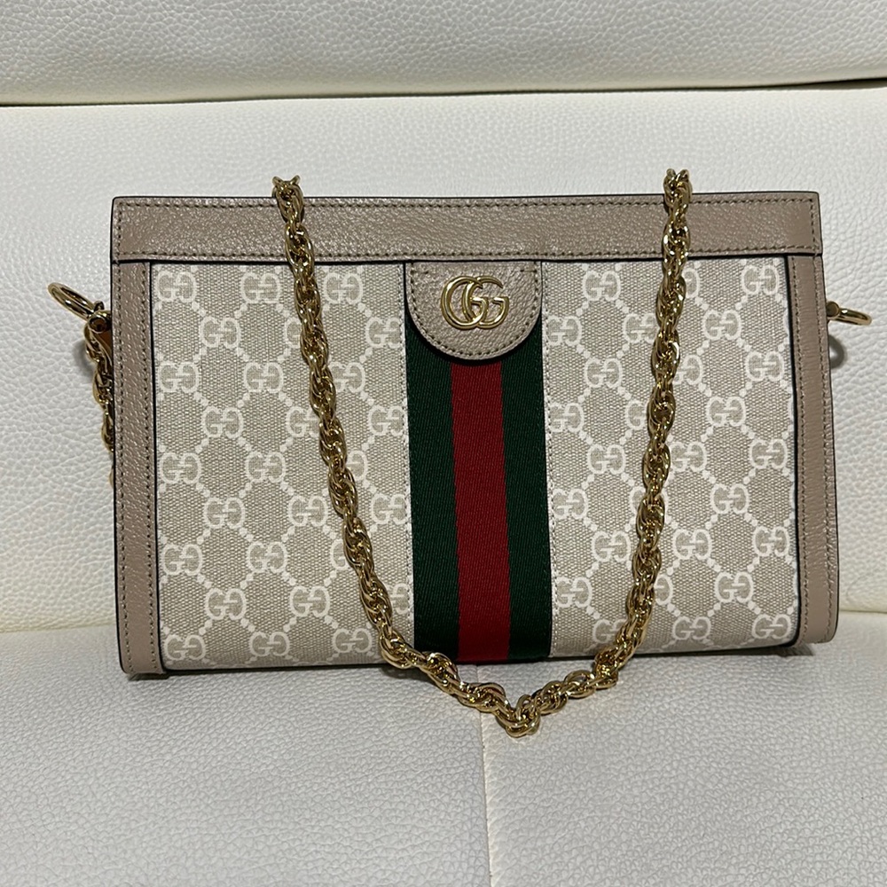 Gucci Beige GG Supreme Web Stripe Chain Shoulder Bag